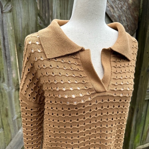 Joie Eyelet Cutout Collared Neckline Bronze Brown V Neckline Sweater - Picture 2 of 8